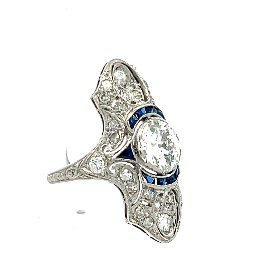 Platinum Art Deco Ring with 2.2 Carat Old European Cut Diamonds G-SI2 GIA Cert