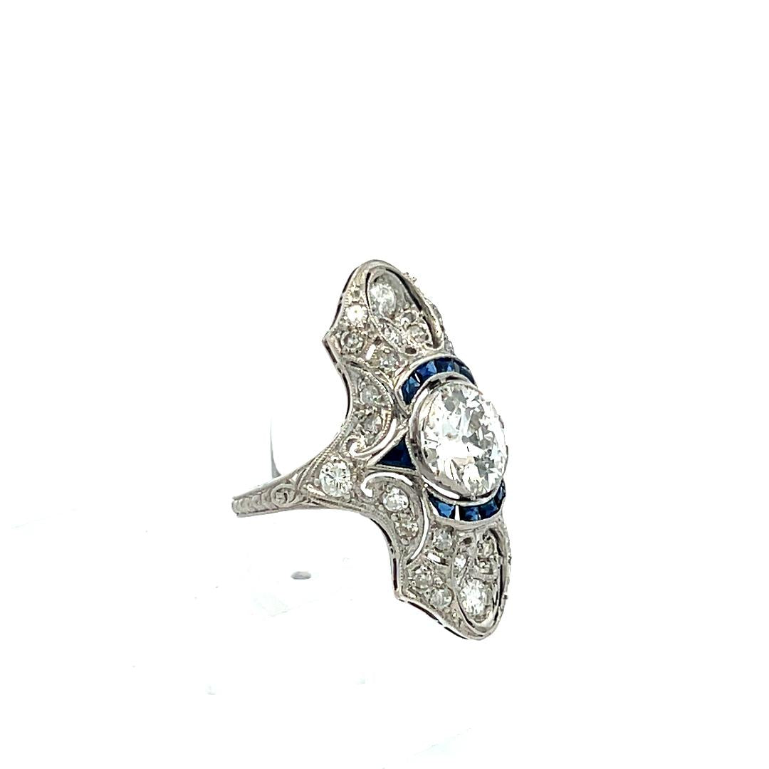 Platinum Art Deco Ring with 2.2 Carat Old European Cut Diamonds G-SI2 GIA Cert