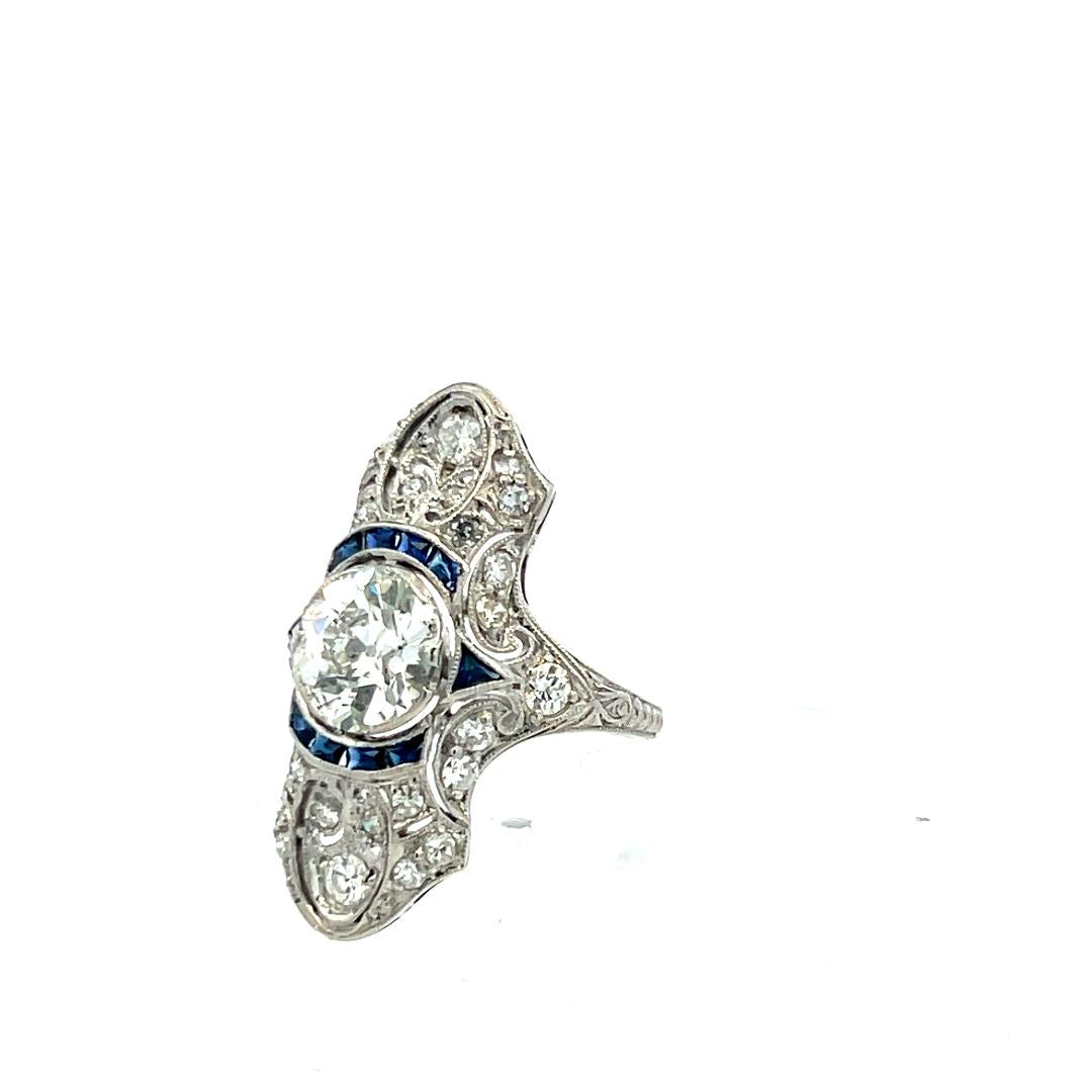 Platinum Art Deco Ring with 2.2 Carat Old European Cut Diamonds G-SI2 GIA Cert