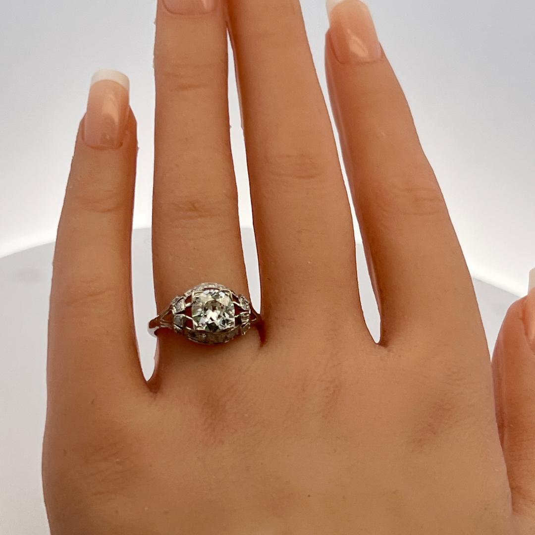 Platinum Art Deco Ring with 1.7 Carat Old European Cut Diamonds K-VS2 GIA