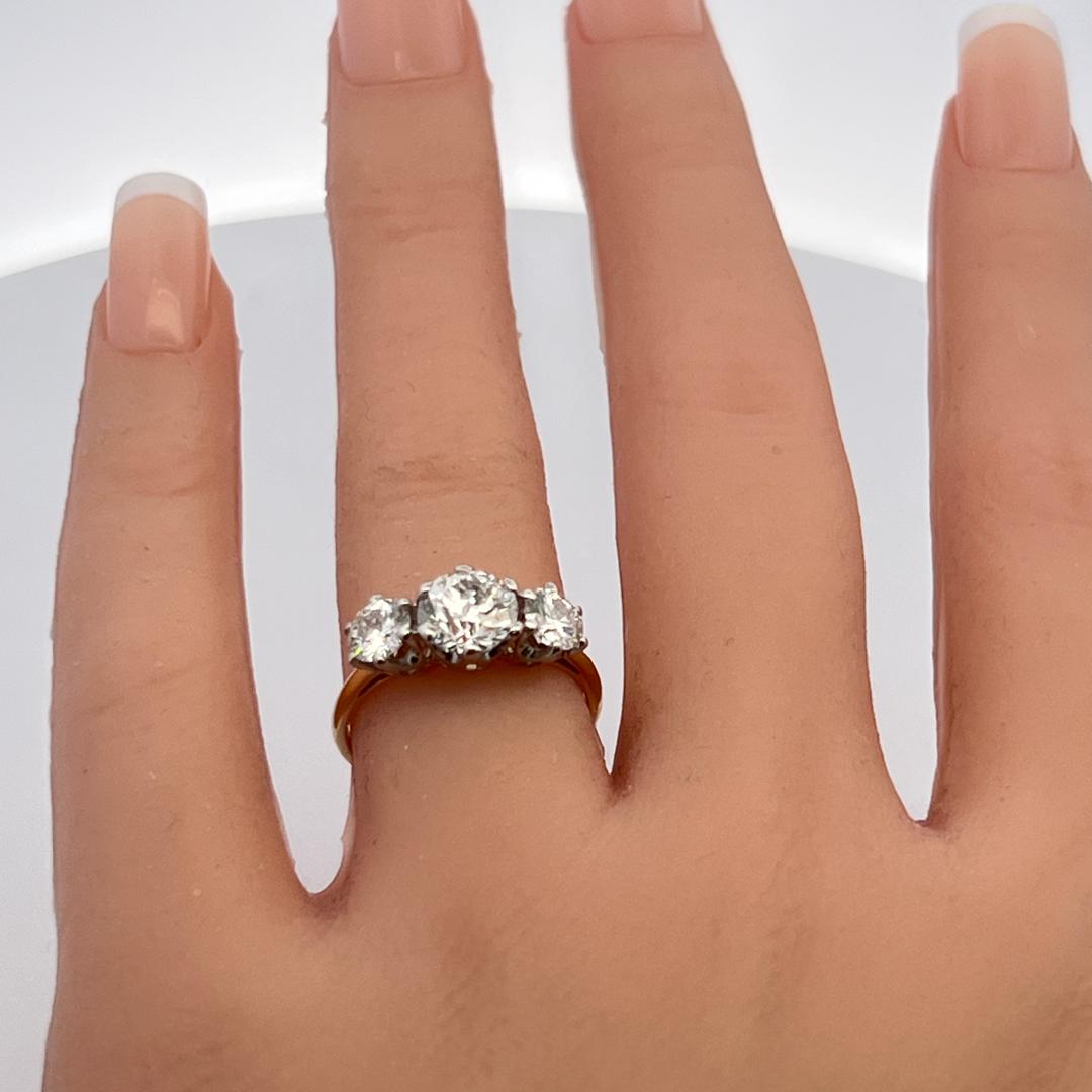 18K Two Tone Gold Three-Stone Ring 2.5ct Circular & European Diamonds I SI1 GIA