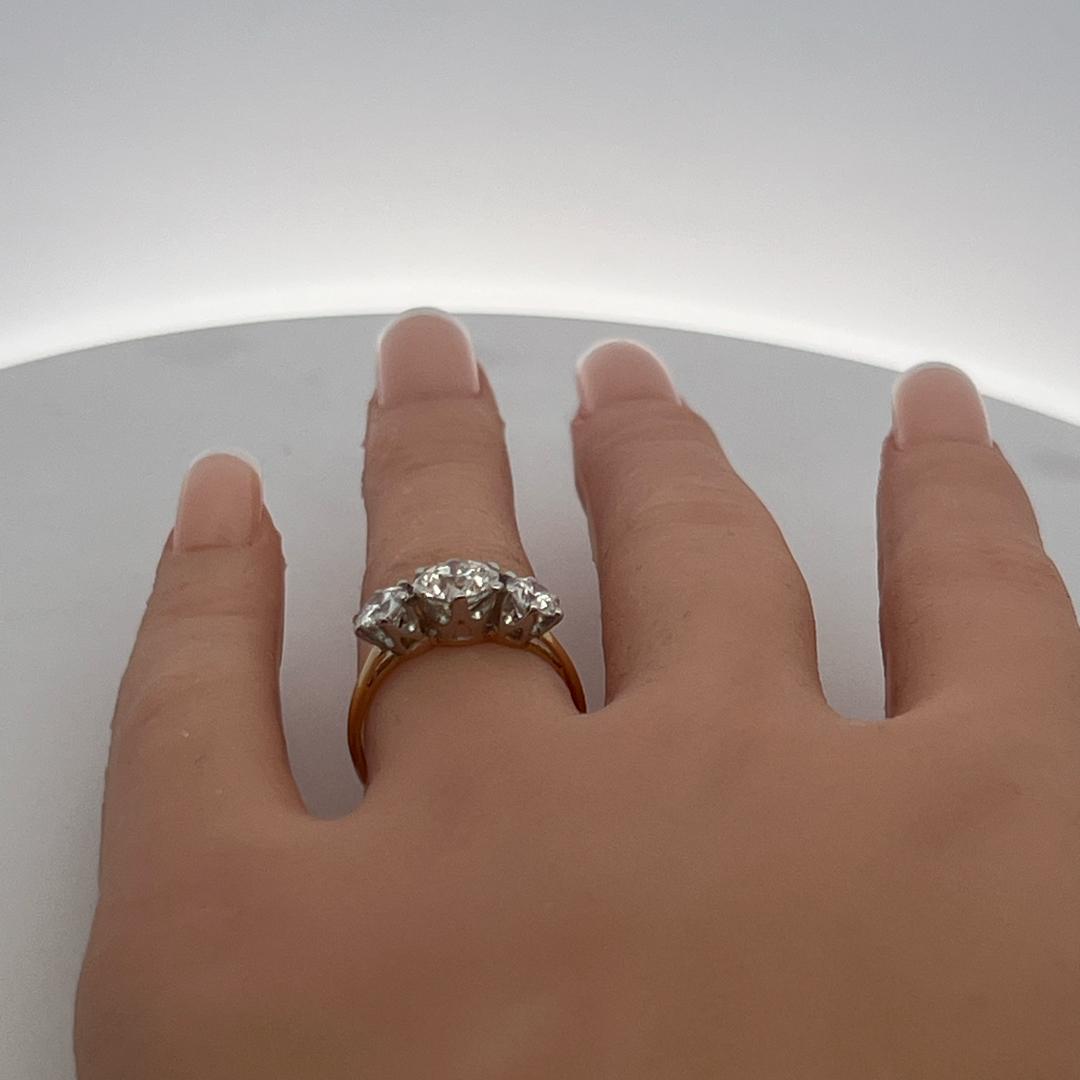18K Two Tone Gold Three-Stone Ring 2.5ct Circular & European Diamonds I SI1 GIA