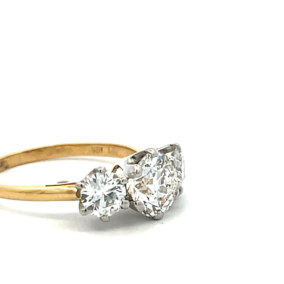 18K Two Tone Gold Three-Stone Ring 2.5ct Circular & European Diamonds I SI1 GIA