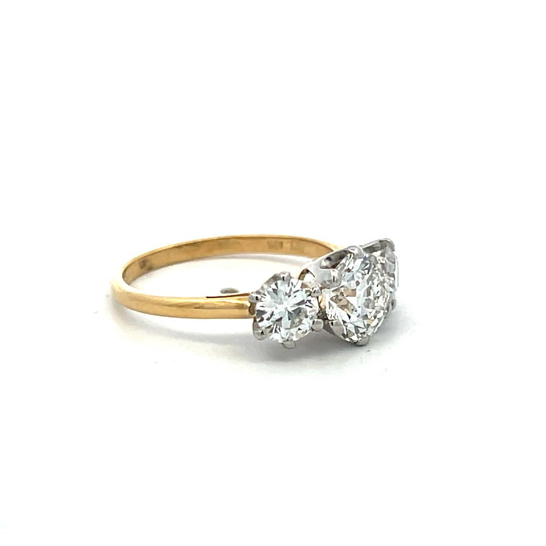 18K Two Tone Gold Three-Stone Ring 2.5ct Circular & European Diamonds I SI1 GIA