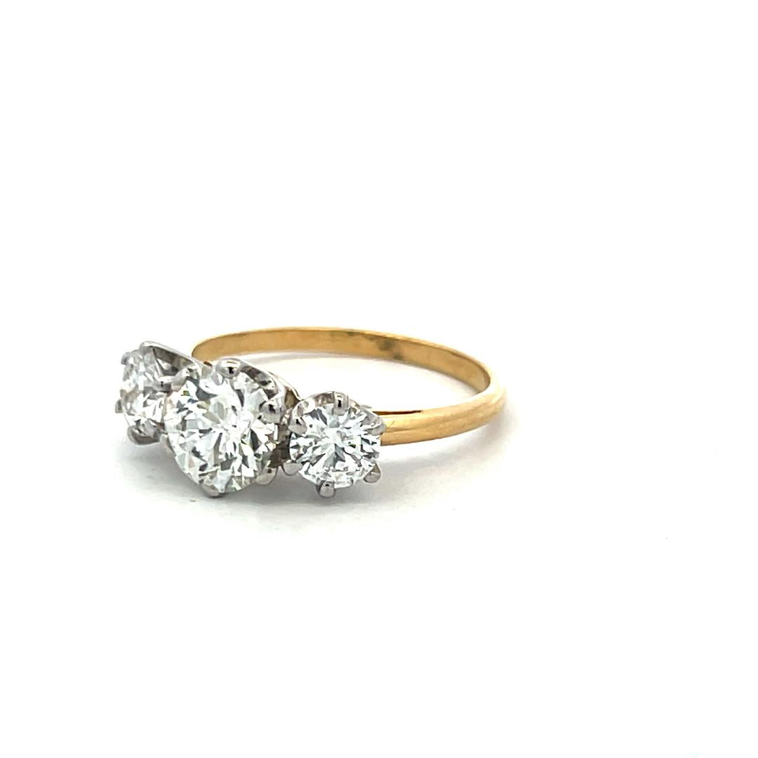 18K Two Tone Gold Three-Stone Ring 2.5ct Circular & European Diamonds I SI1 GIA