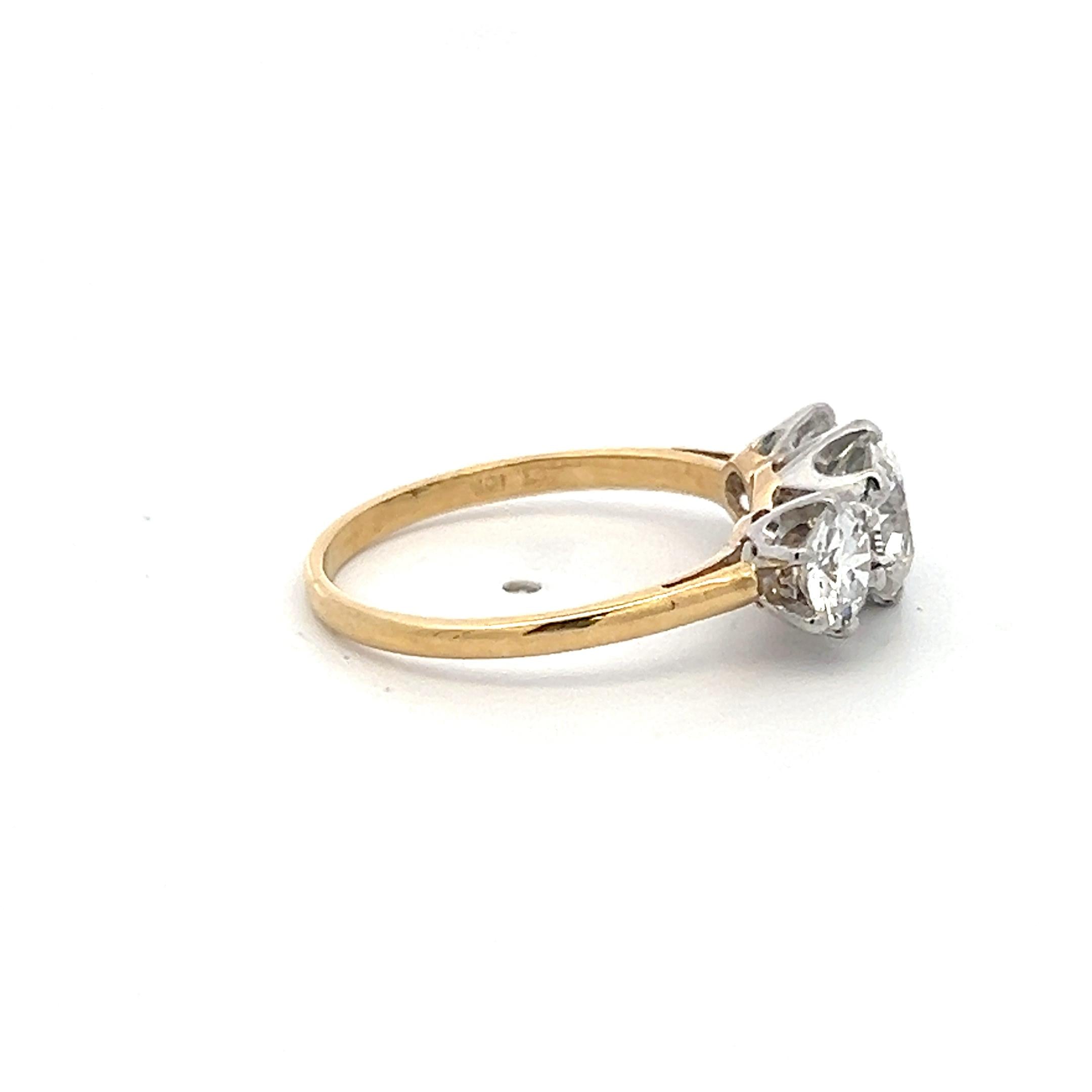 18K Two Tone Gold Three-Stone Ring 2.5ct Circular & European Diamonds I SI1 GIA