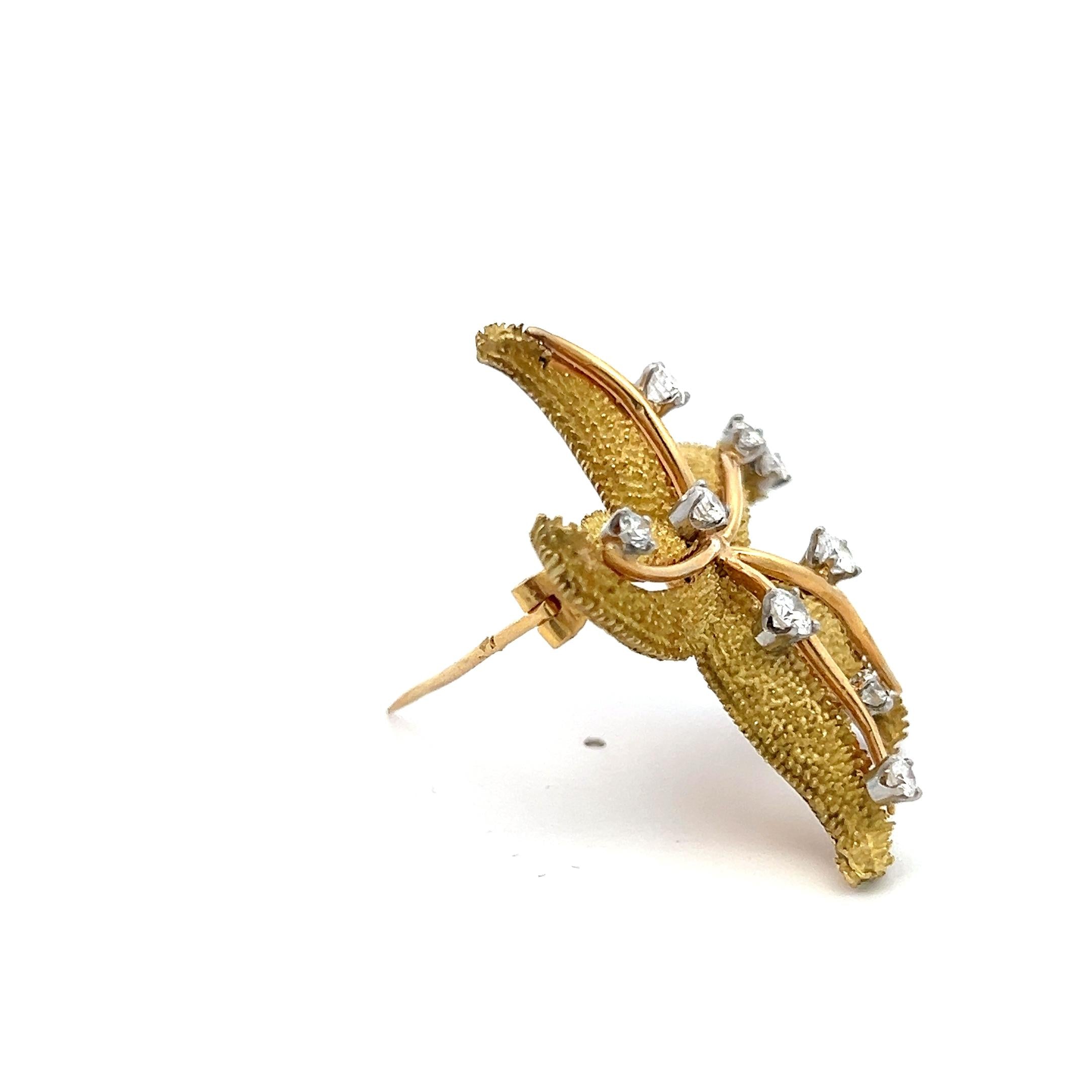Vintage 18K Gold Starfish Pin Brooch with 1.35 Carat Round G VS Diamonds