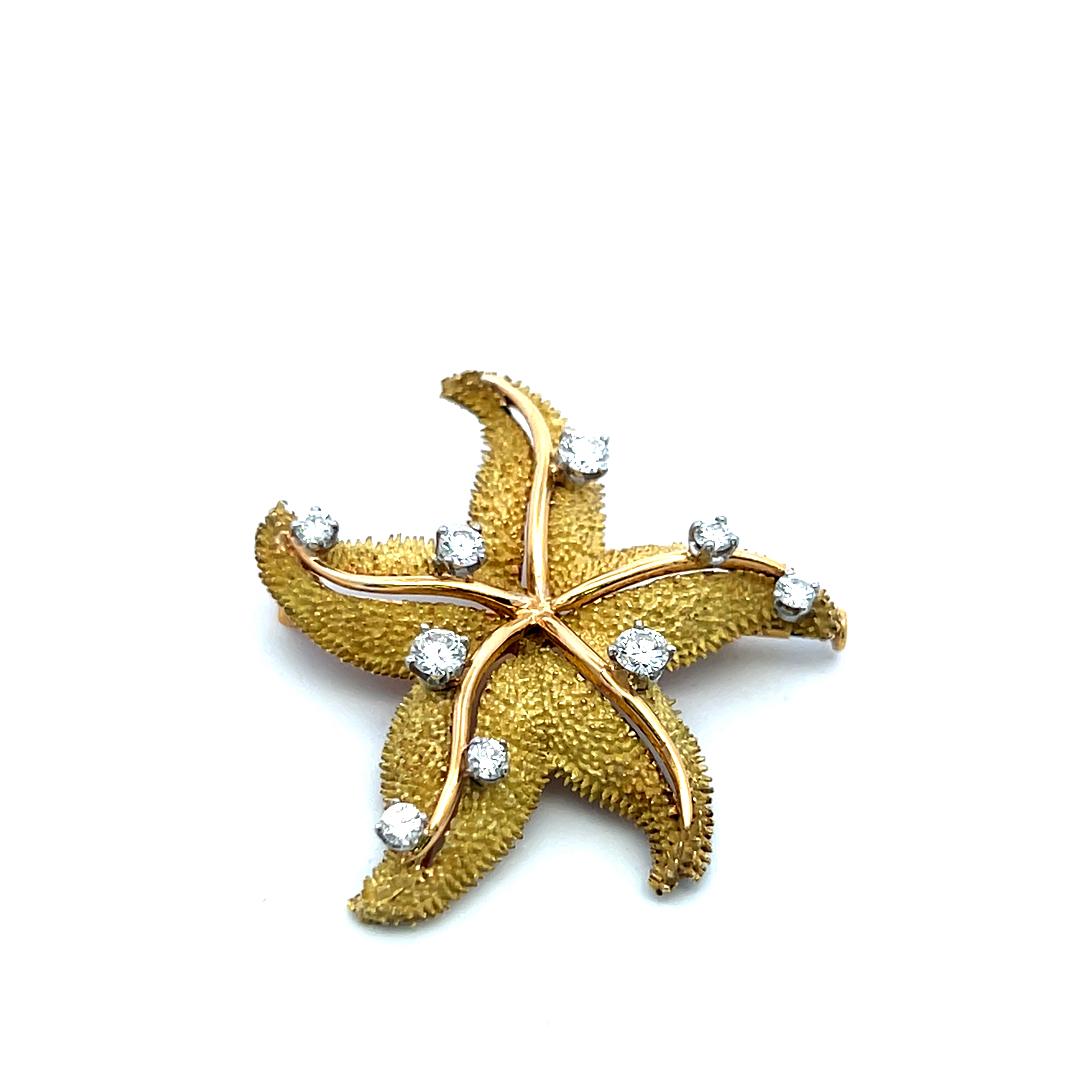 Vintage 18K Gold Starfish Pin Brooch with 1.35 Carat Round G VS Diamonds
