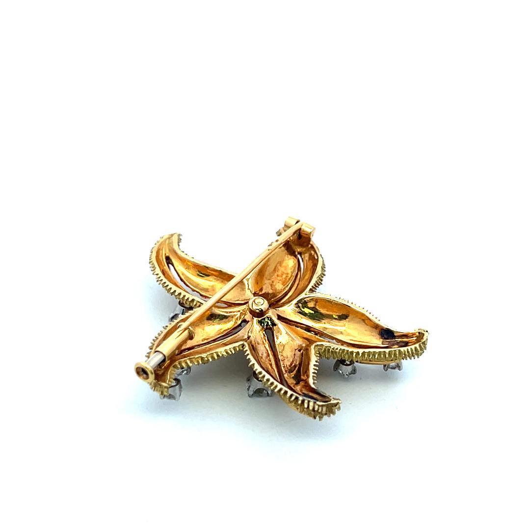 Vintage 18K Gold Starfish Pin Brooch with 1.35 Carat Round G VS Diamonds