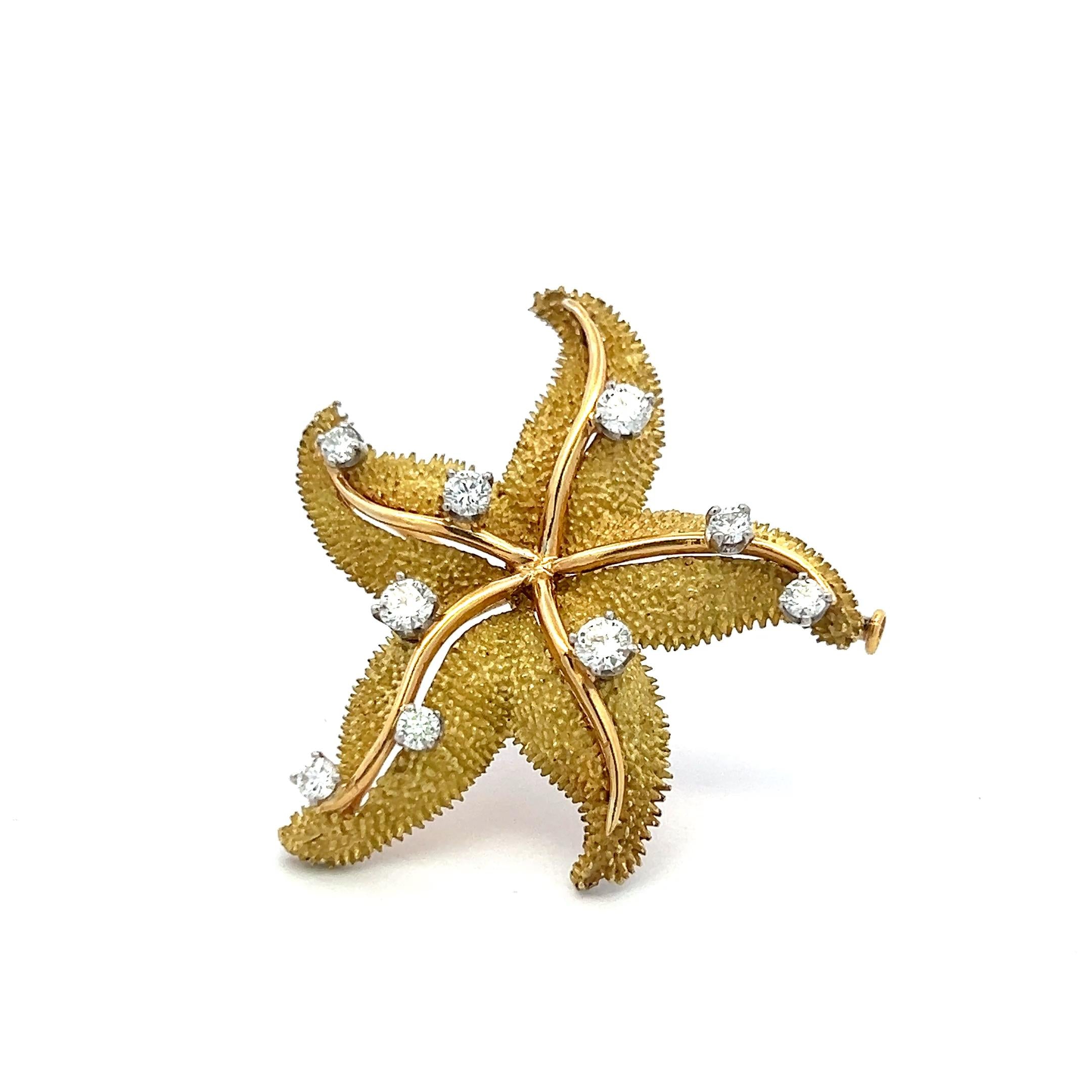 Vintage 18K Gold Starfish Pin Brooch with 1.35 Carat Round G VS Diamonds