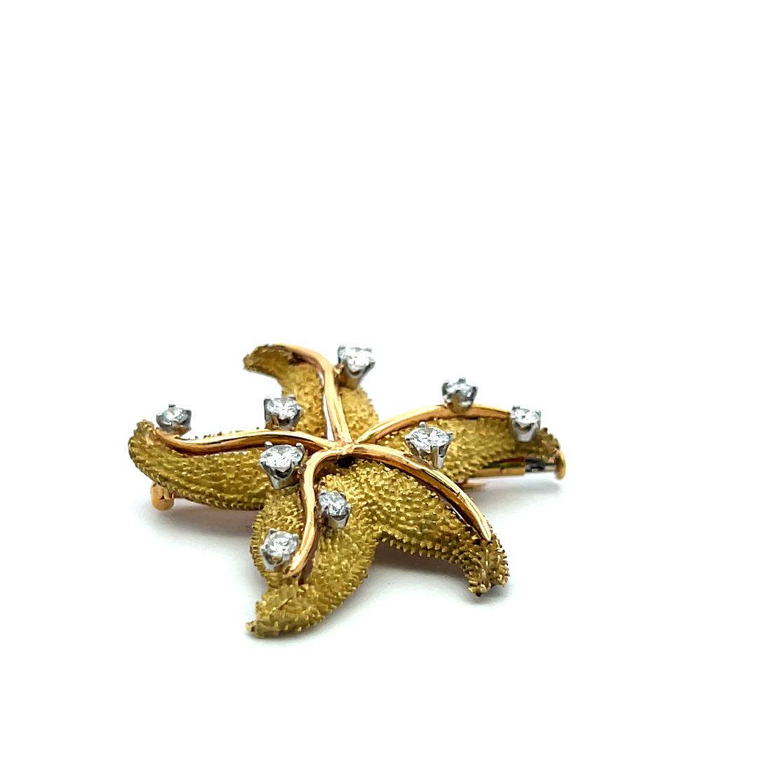 Vintage 18K Gold Starfish Pin Brooch with 1.35 Carat Round G VS Diamonds