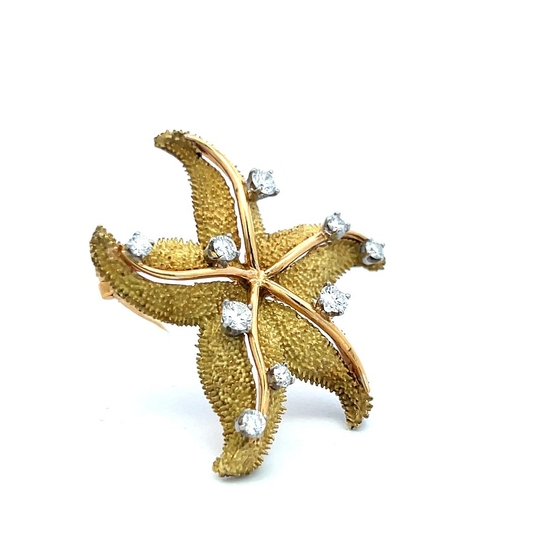 Vintage 18K Gold Starfish Pin Brooch with 1.35 Carat Round G VS Diamonds