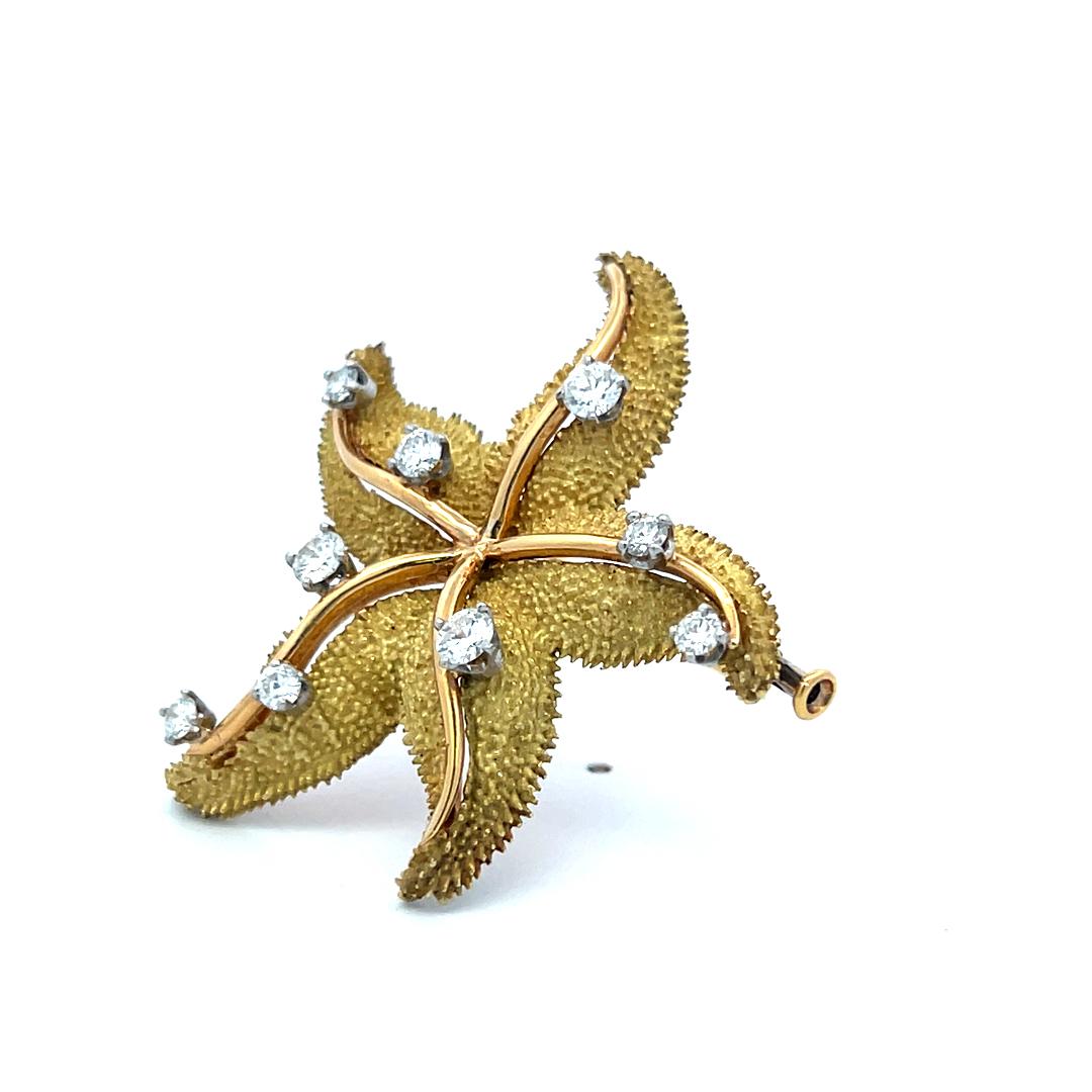 Vintage 18K Gold Starfish Pin Brooch with 1.35 Carat Round G VS Diamonds