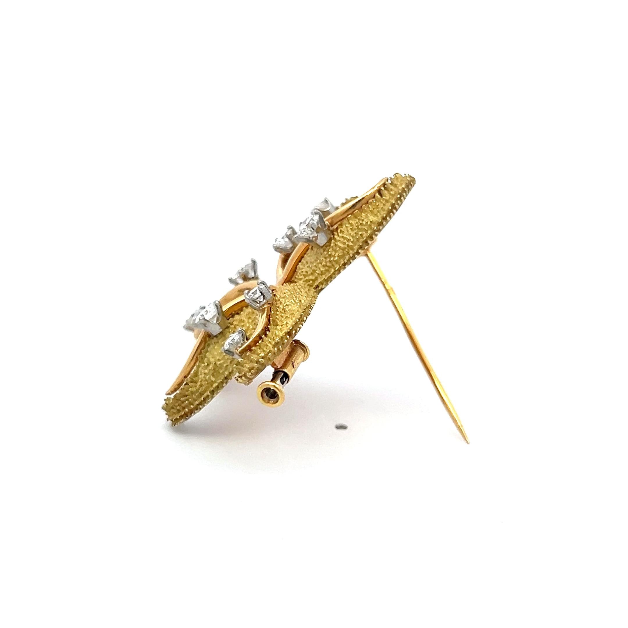 Vintage 18K Gold Starfish Pin Brooch with 1.35 Carat Round G VS Diamonds