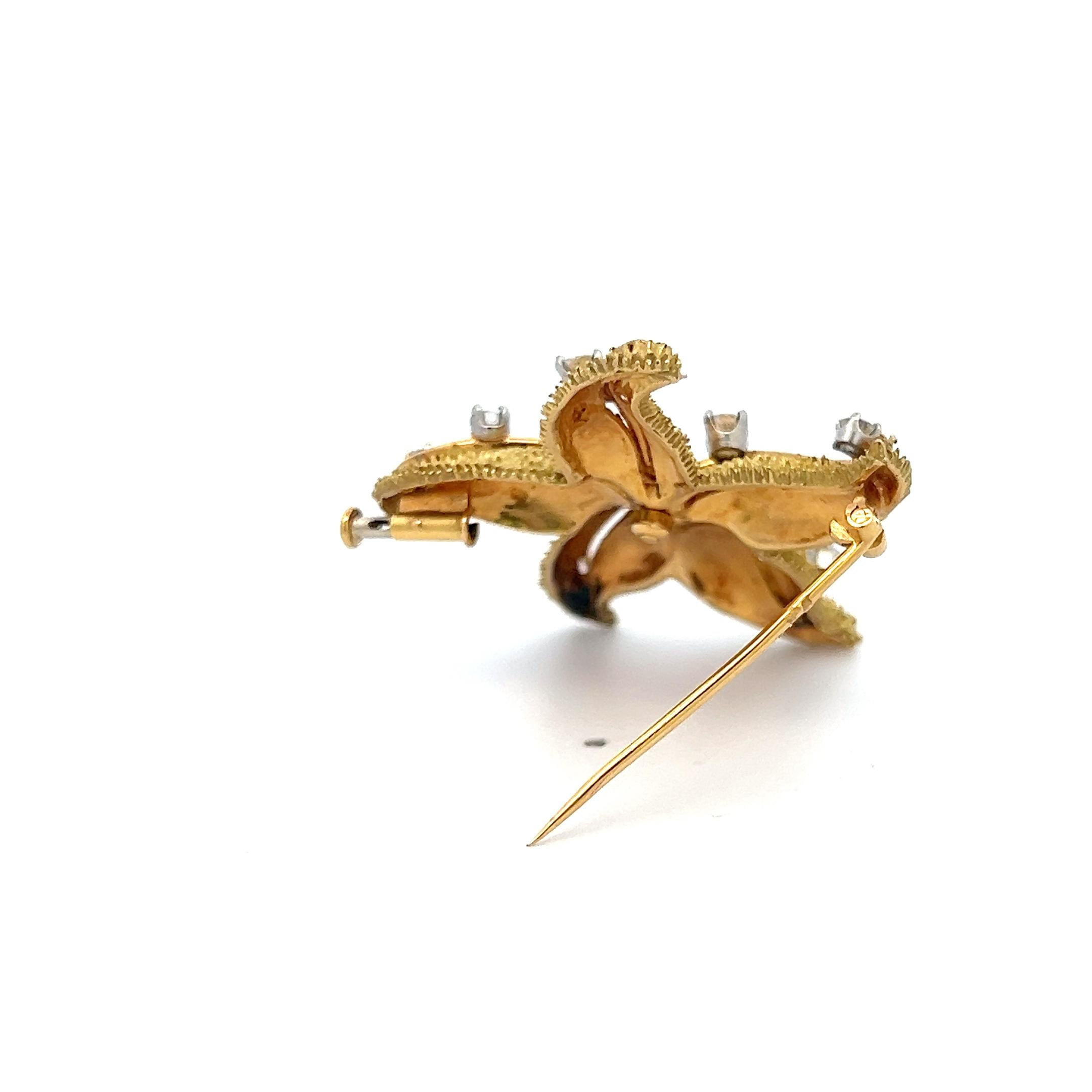 Vintage 18K Gold Starfish Pin Brooch with 1.35 Carat Round G VS Diamonds