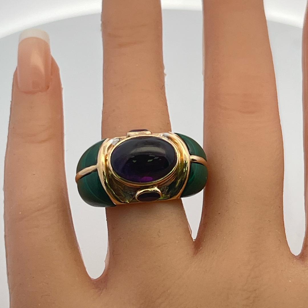 Vintage 14K Yellow Gold Cocktail Ring with Amethyst and Malachite Size 6.5