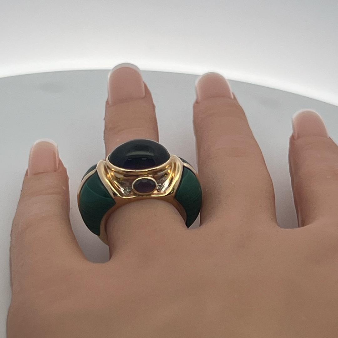 Vintage 14K Yellow Gold Cocktail Ring with Amethyst and Malachite Size 6.5