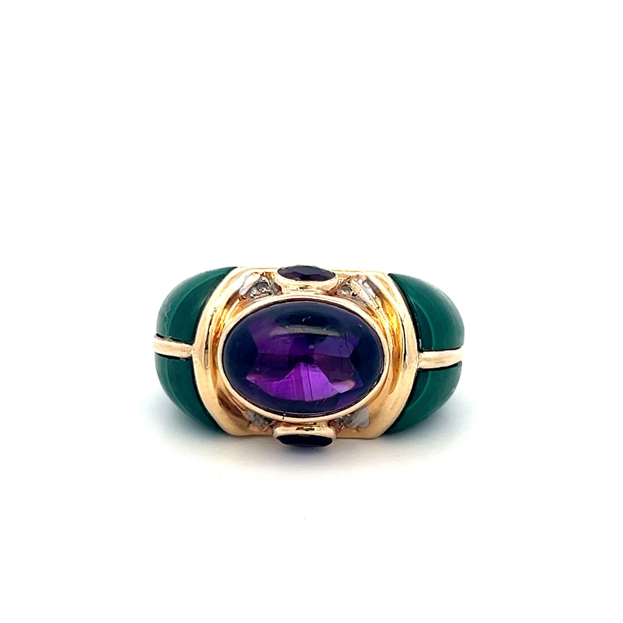 Vintage 14K Yellow Gold Cocktail Ring with Amethyst and Malachite Size 6.5