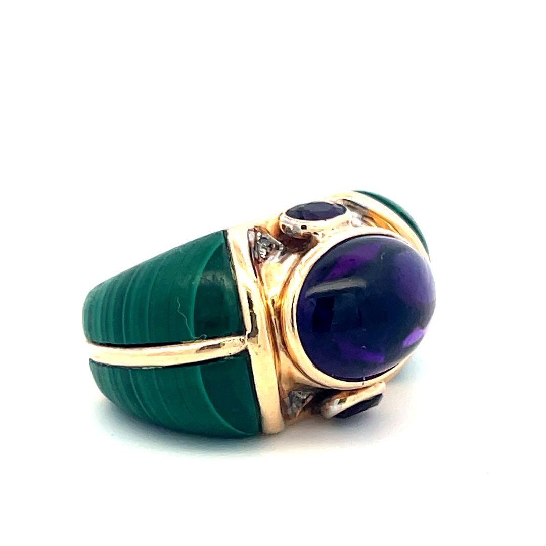 Vintage 14K Yellow Gold Cocktail Ring with Amethyst and Malachite Size 6.5