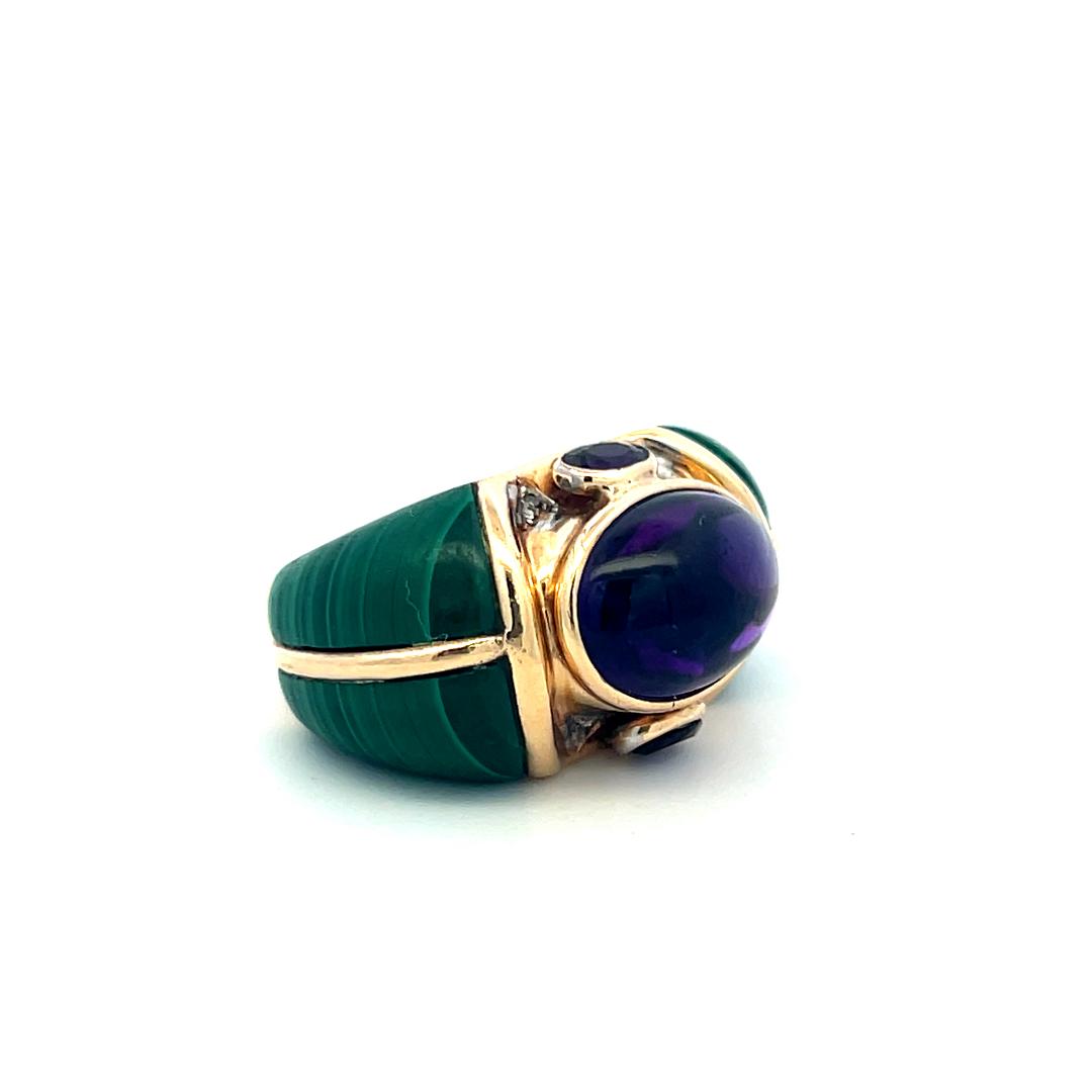 Vintage 14K Yellow Gold Cocktail Ring with Amethyst and Malachite Size 6.5