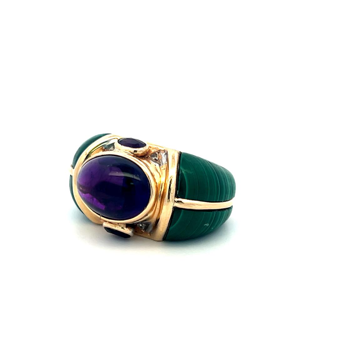 Vintage 14K Yellow Gold Cocktail Ring with Amethyst and Malachite Size 6.5