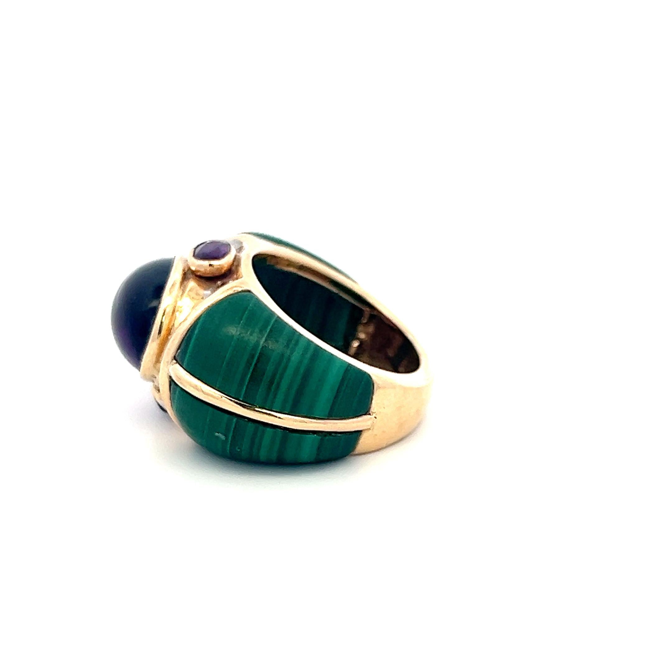 Vintage 14K Yellow Gold Cocktail Ring with Amethyst and Malachite Size 6.5