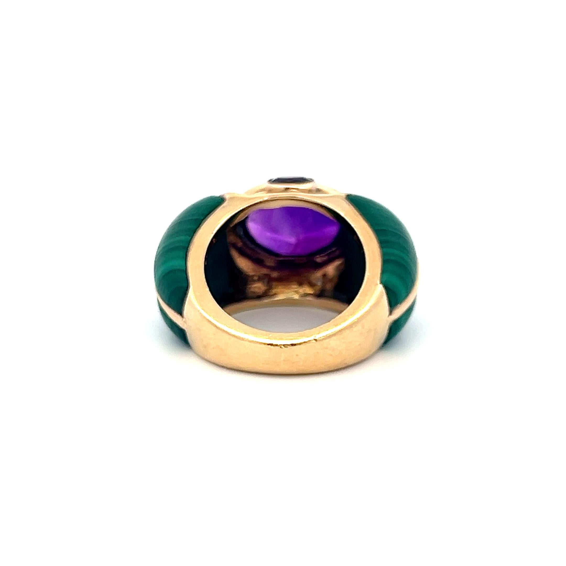 Vintage 14K Yellow Gold Cocktail Ring with Amethyst and Malachite Size 6.5