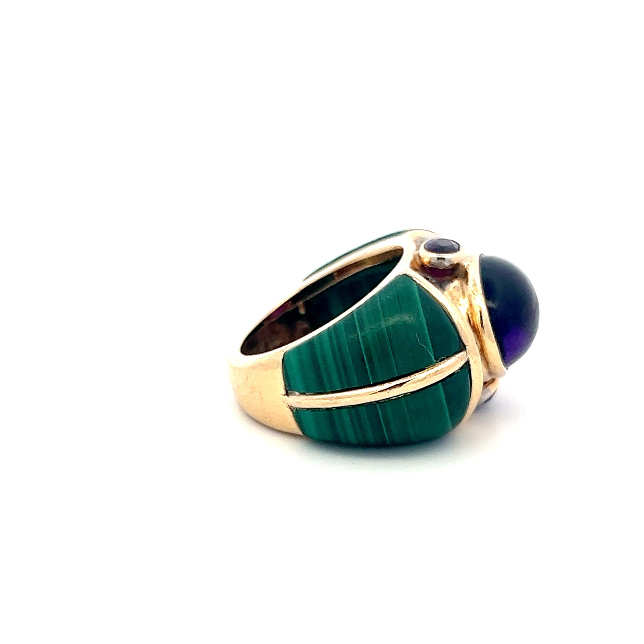 Vintage 14K Yellow Gold Cocktail Ring with Amethyst and Malachite Size 6.5