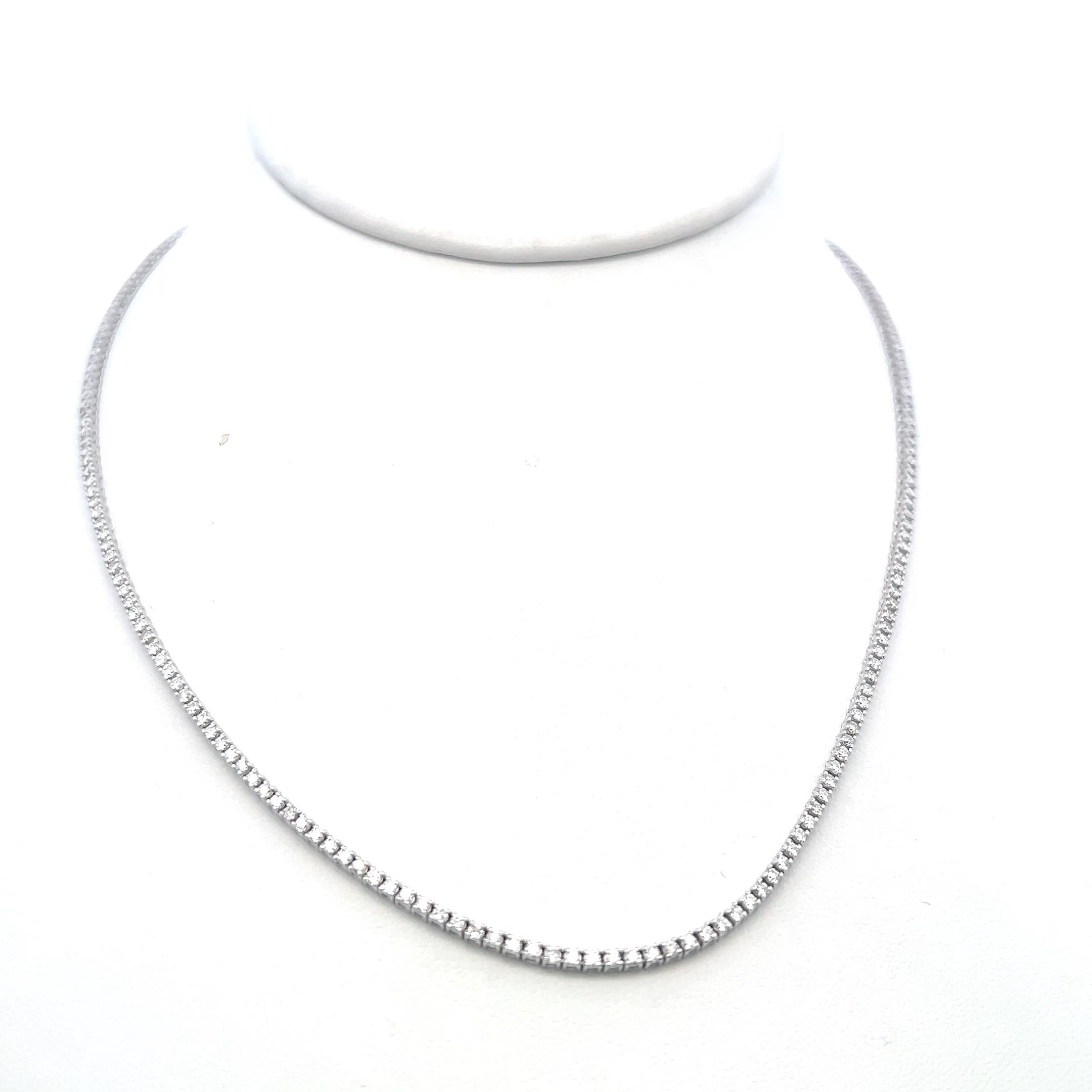 Vintage 14K White Gold Tennis Necklace with 3.37 Carat Round Diamonds
