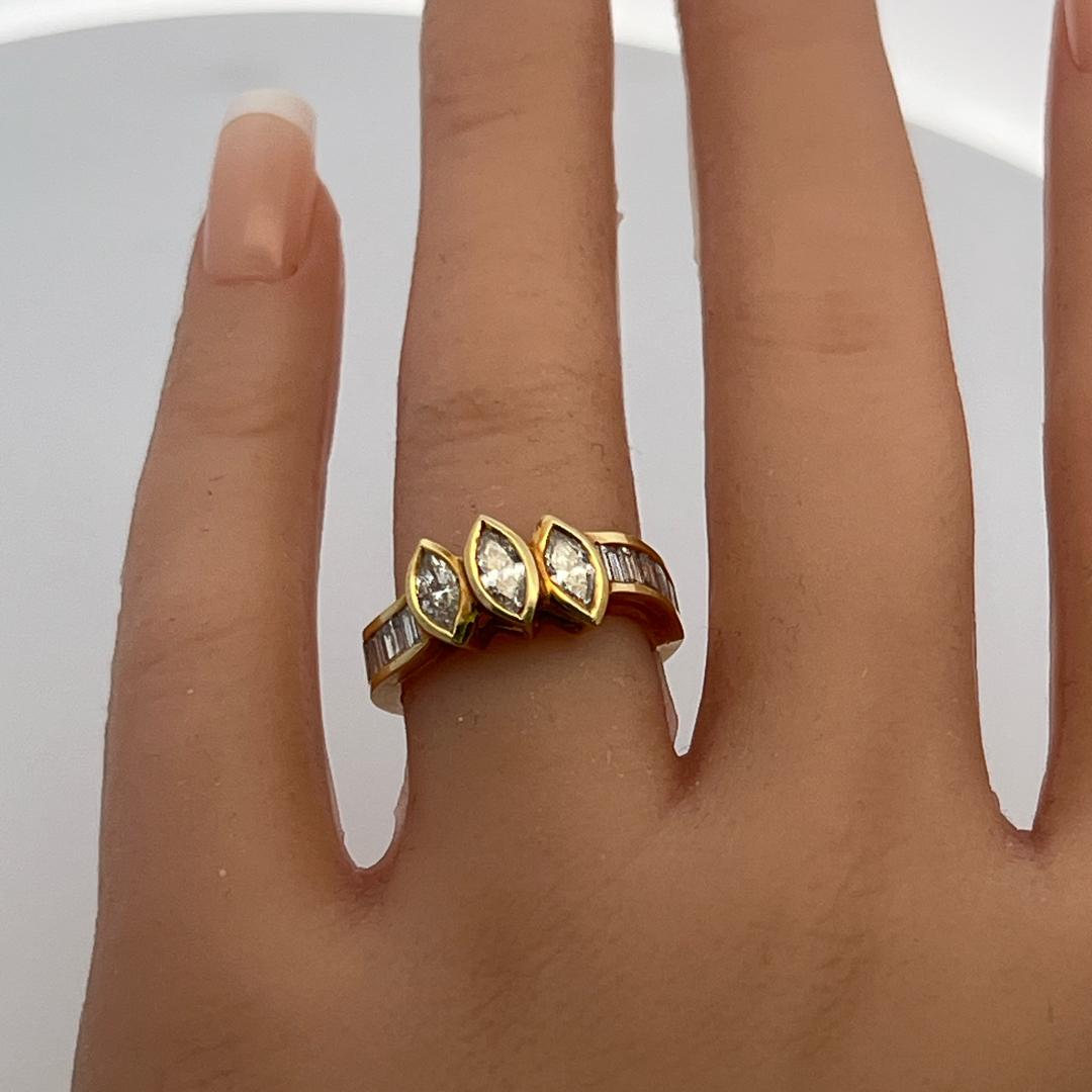 18K YG Cocktail Ring with 1.35 Carat Marquis & Baguette Shape Diamonds Size 6