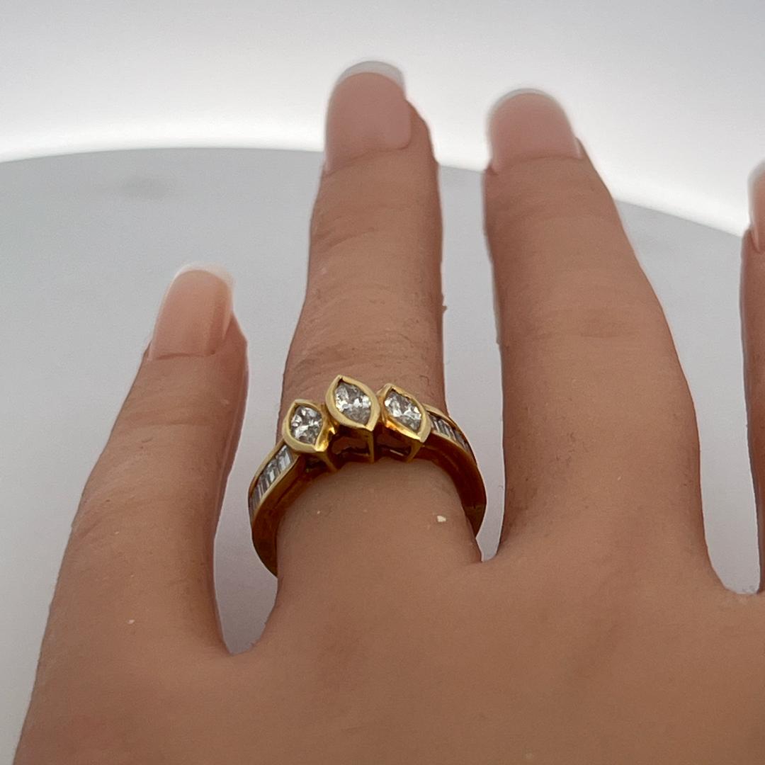 18K YG Cocktail Ring with 1.35 Carat Marquis & Baguette Shape Diamonds Size 6
