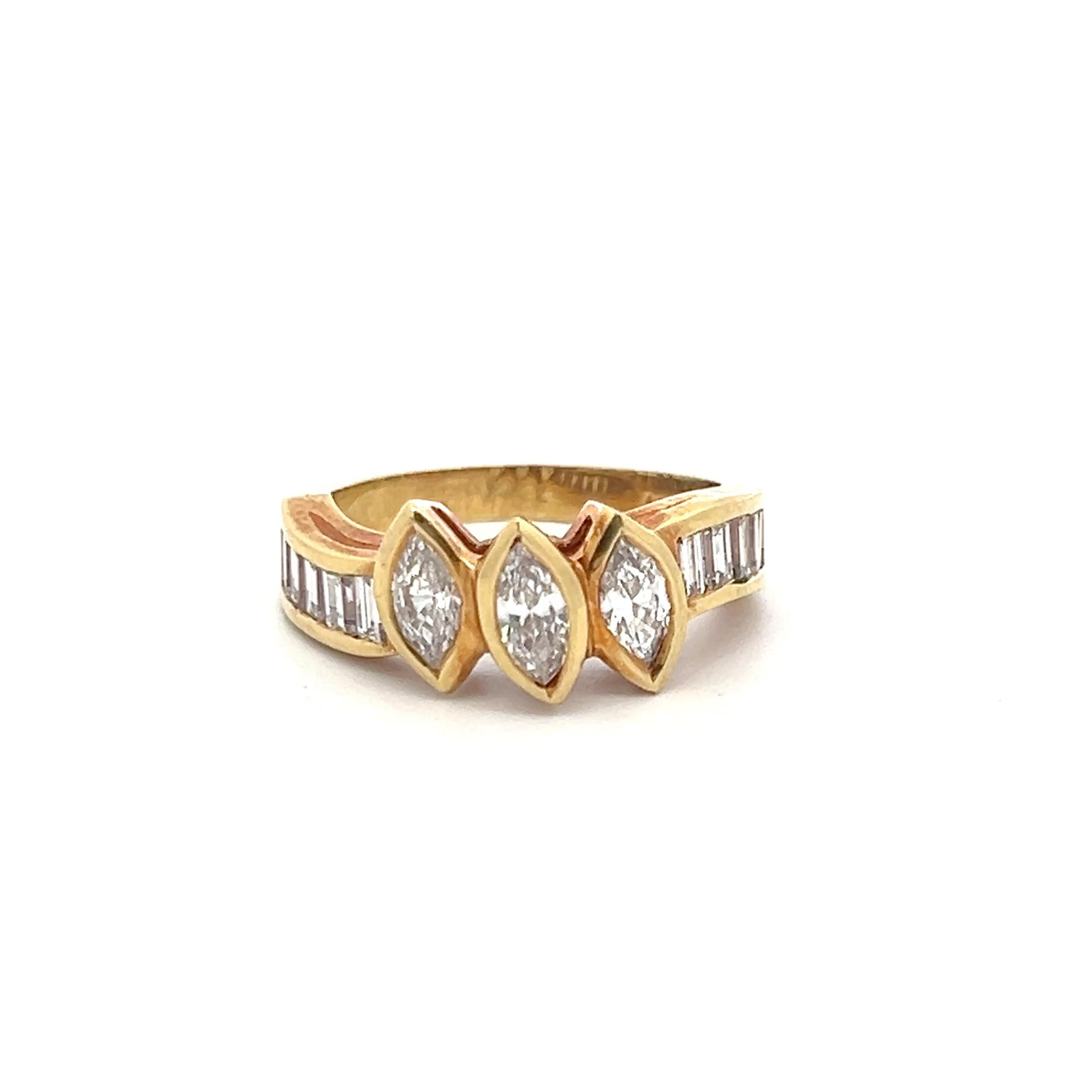 18K YG Cocktail Ring with 1.35 Carat Marquis & Baguette Shape Diamonds Size 6