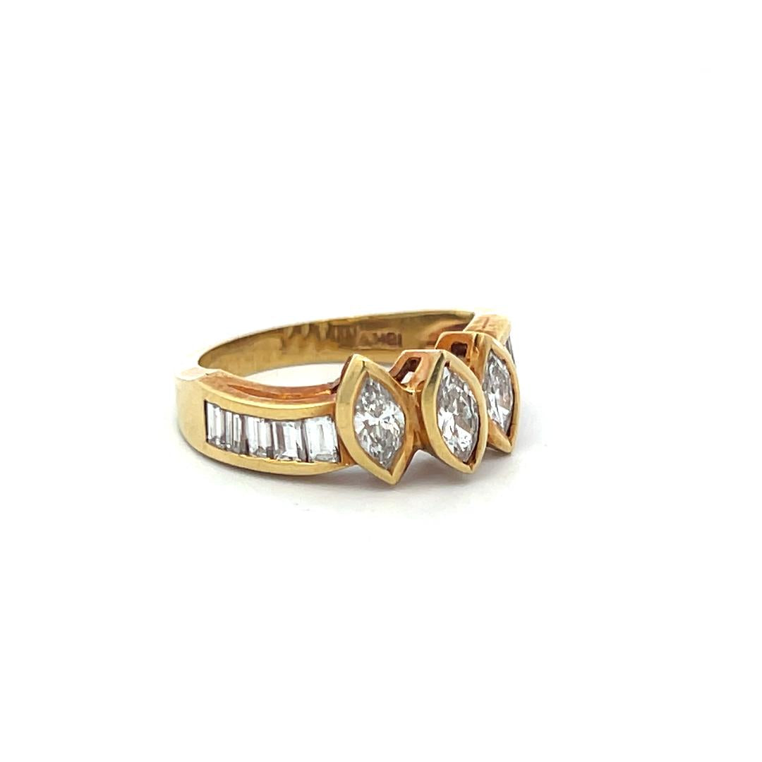 18K YG Cocktail Ring with 1.35 Carat Marquis & Baguette Shape Diamonds Size 6