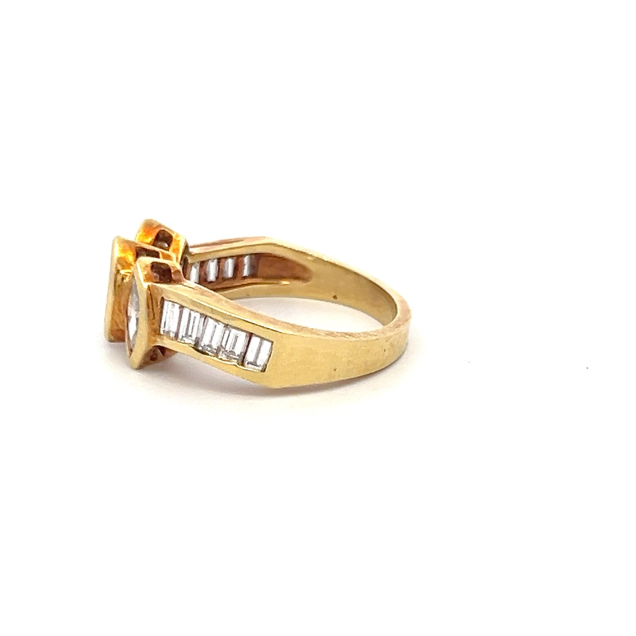 18K YG Cocktail Ring with 1.35 Carat Marquis & Baguette Shape Diamonds Size 6