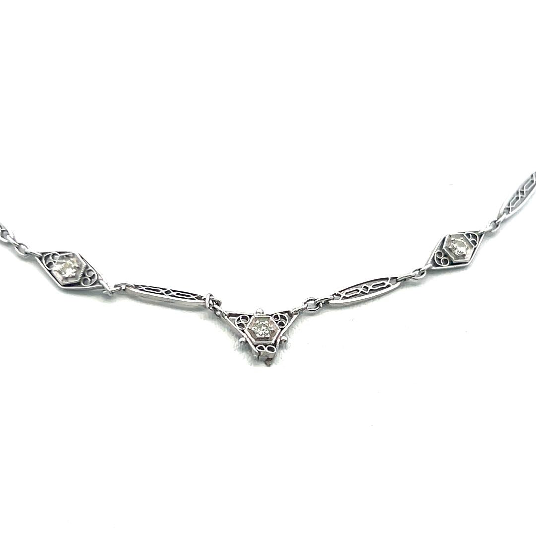 18K White Gold Station Necklace with 0.33 Carat Old European Cut H-VS Diamonds