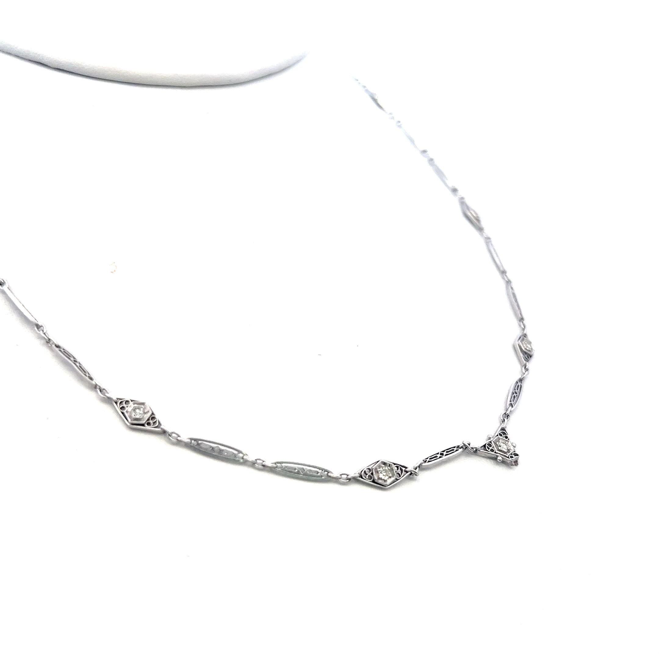 18K White Gold Station Necklace with 0.33 Carat Old European Cut H-VS Diamonds