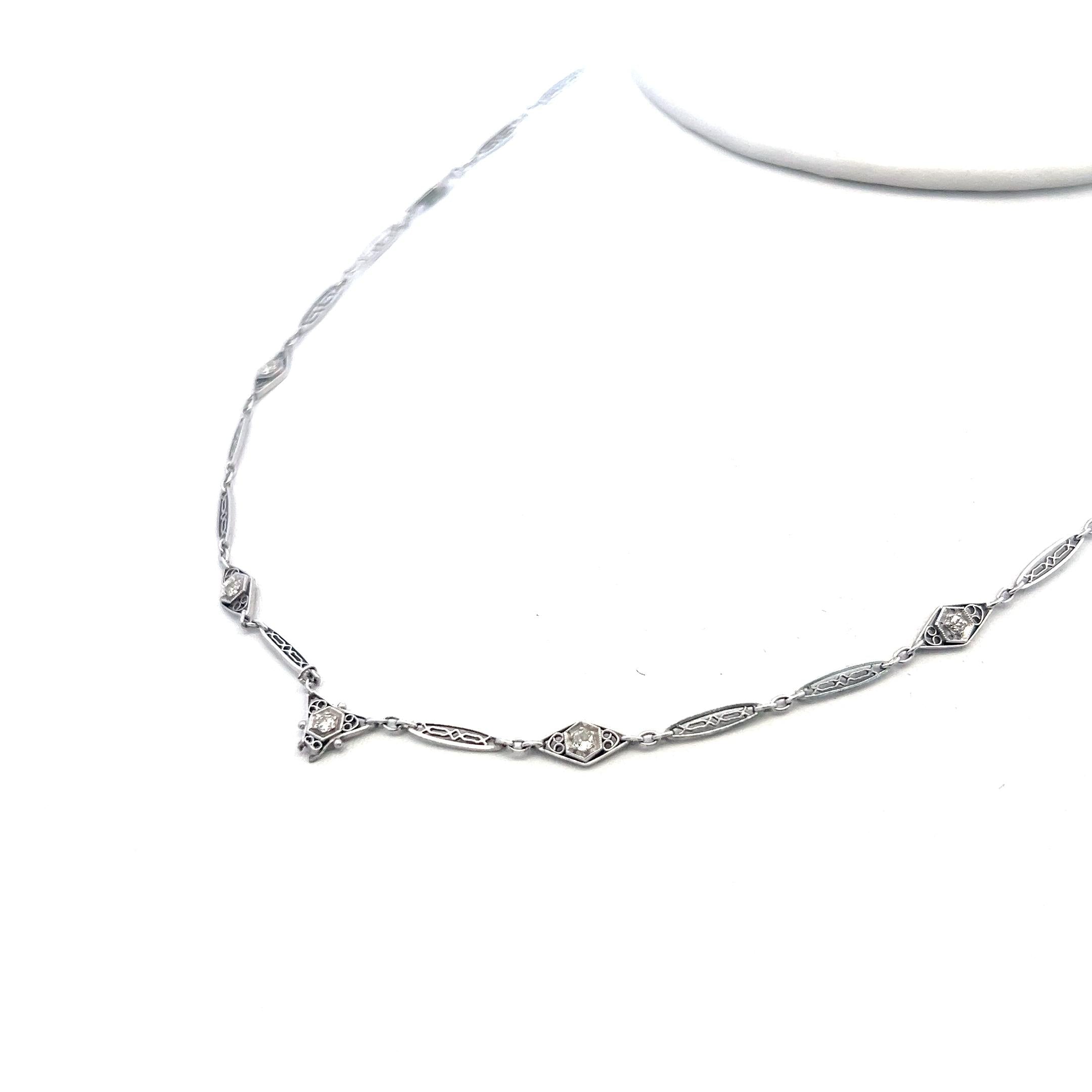 18K White Gold Station Necklace with 0.33 Carat Old European Cut H-VS Diamonds
