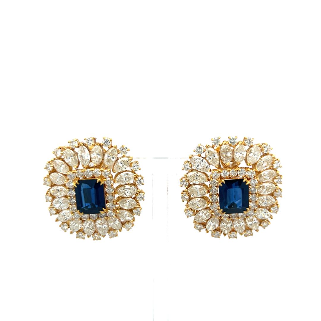 18K YG Clip On Earrings with 18.34 Ct Round & Marquis Diamonds 7.75 Ct Sapphire