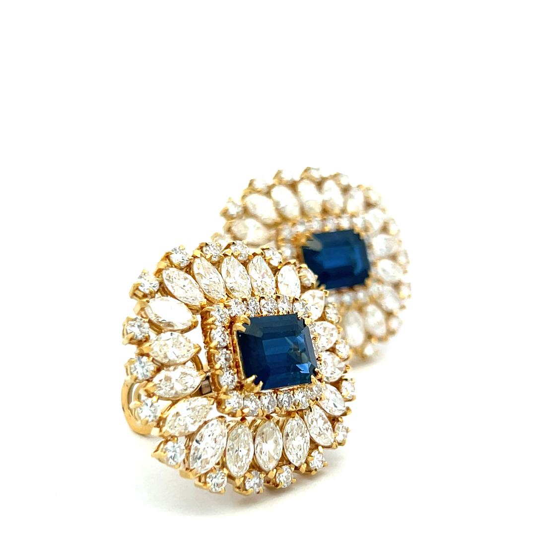 18K YG Clip On Earrings with 18.34 Ct Round & Marquis Diamonds 7.75 Ct Sapphire