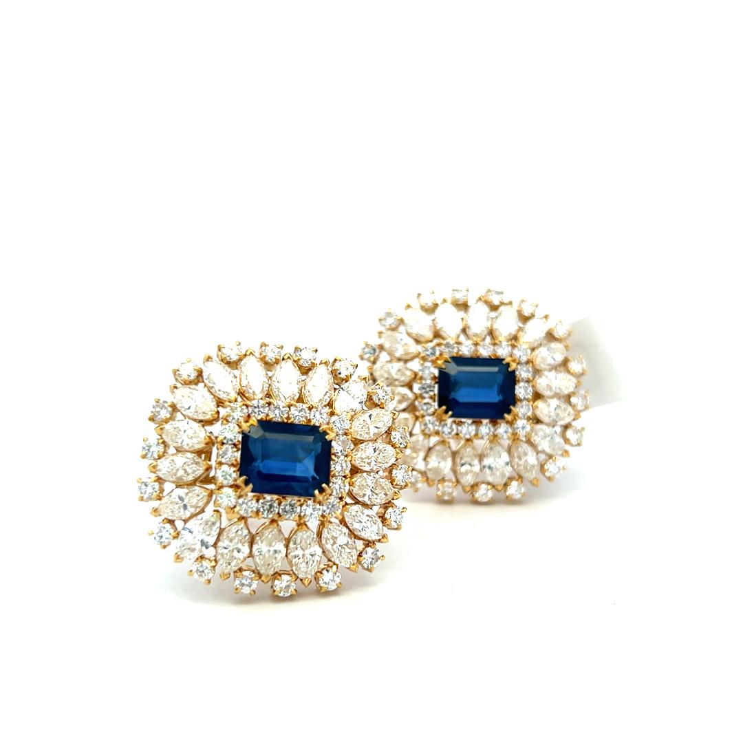 18K YG Clip On Earrings with 18.34 Ct Round & Marquis Diamonds 7.75 Ct Sapphire