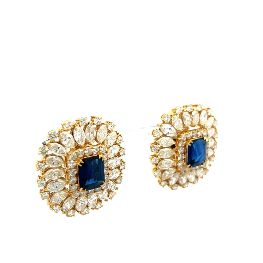 18K YG Clip On Earrings with 18.34 Ct Round & Marquis Diamonds 7.75 Ct Sapphire
