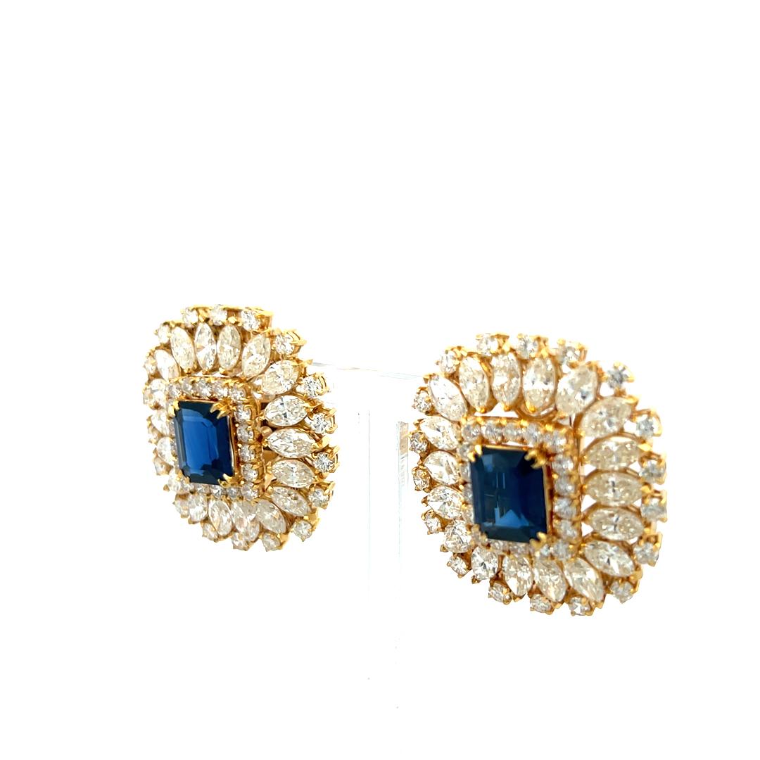 18K YG Clip On Earrings with 18.34 Ct Round & Marquis Diamonds 7.75 Ct Sapphire