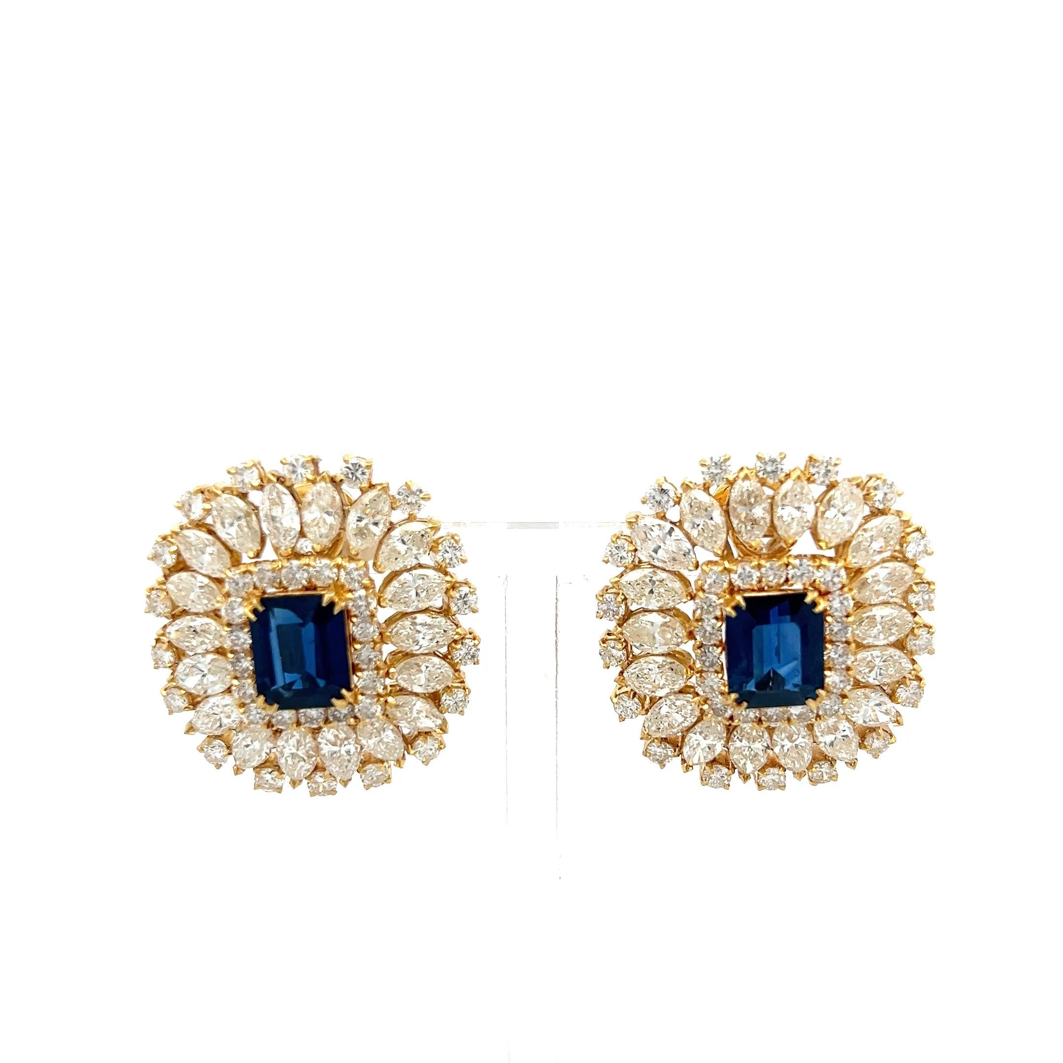 18K YG Clip On Earrings with 18.34 Ct Round & Marquis Diamonds 7.75 Ct Sapphire