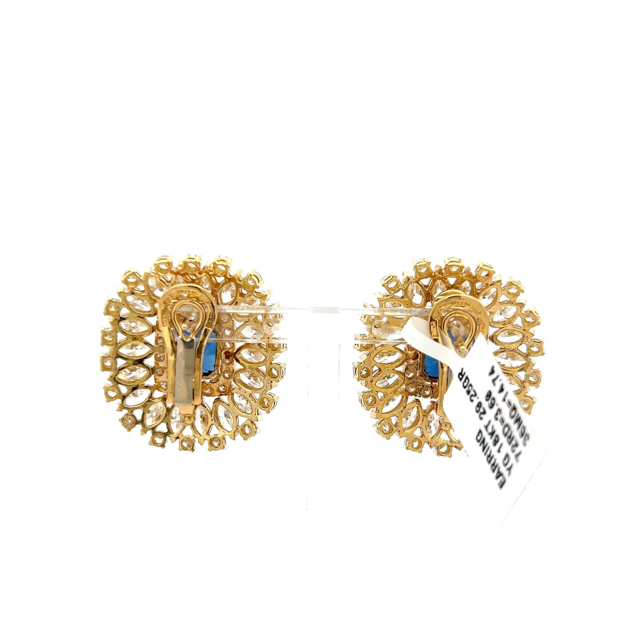 18K YG Clip On Earrings with 18.34 Ct Round & Marquis Diamonds 7.75 Ct Sapphire