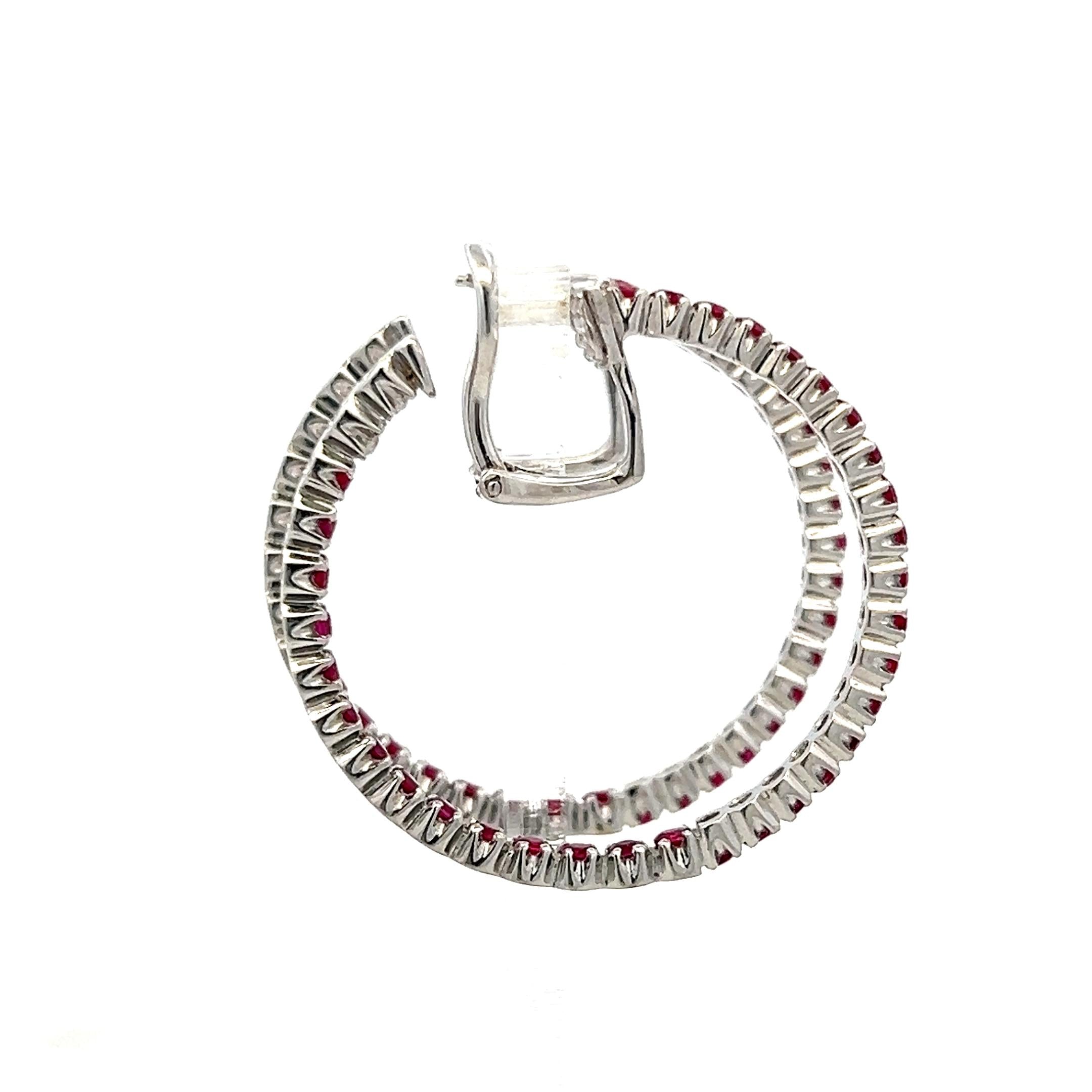 Vintage 18K WG Hoop Earrings with 2 Carat Round Shaped Rubies 14.8 Grams