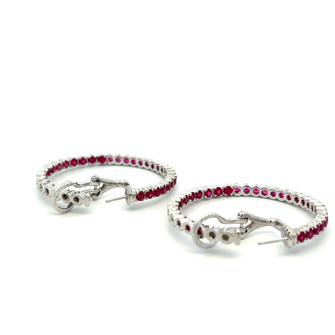 Vintage 18K WG Hoop Earrings with 2 Carat Round Shaped Rubies 14.8 Grams
