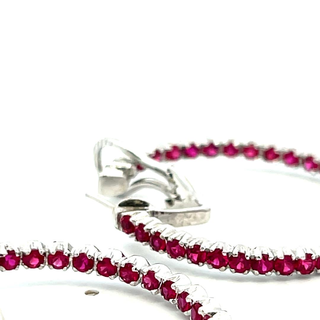 Vintage 18K WG Hoop Earrings with 2 Carat Round Shaped Rubies 14.8 Grams