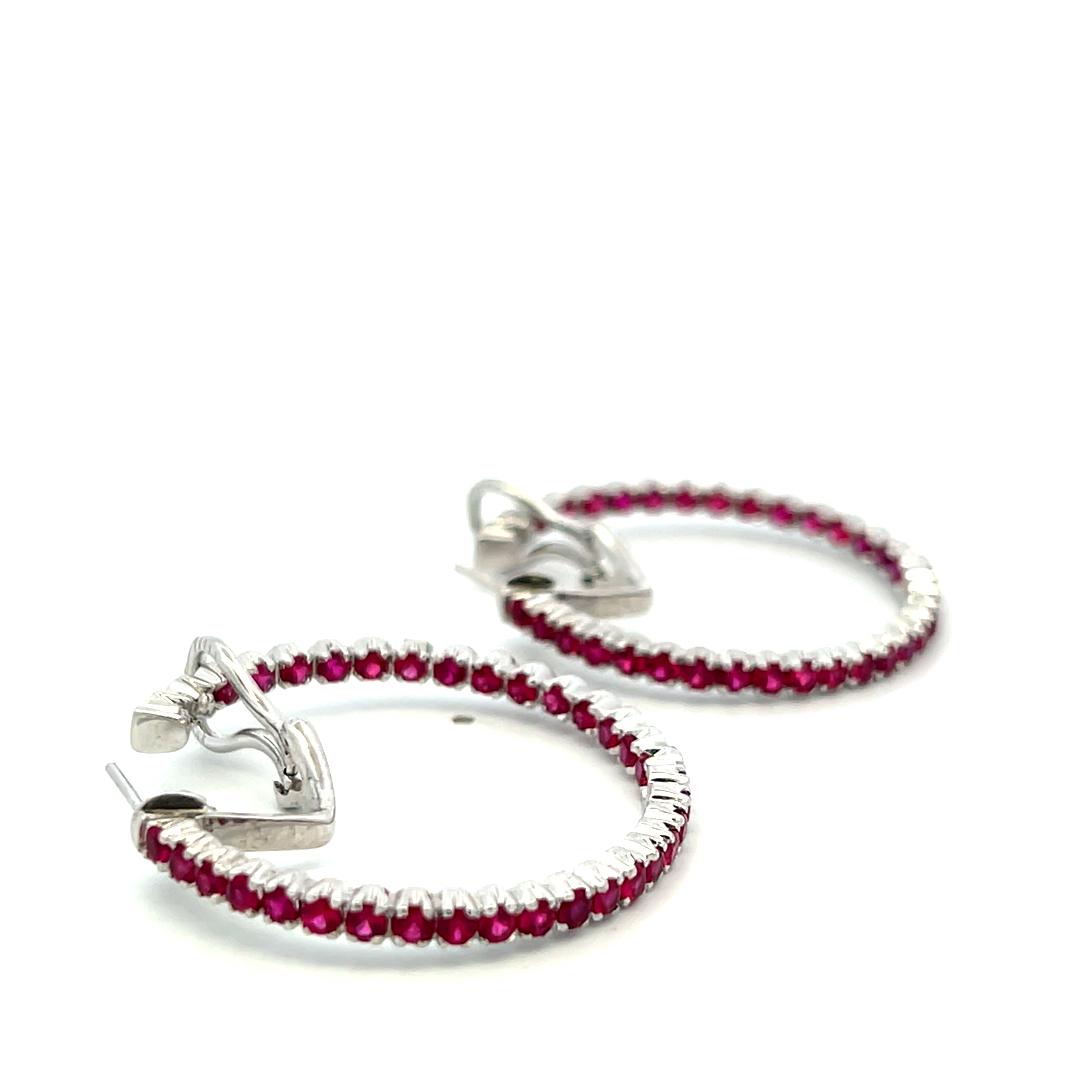 Vintage 18K WG Hoop Earrings with 2 Carat Round Shaped Rubies 14.8 Grams