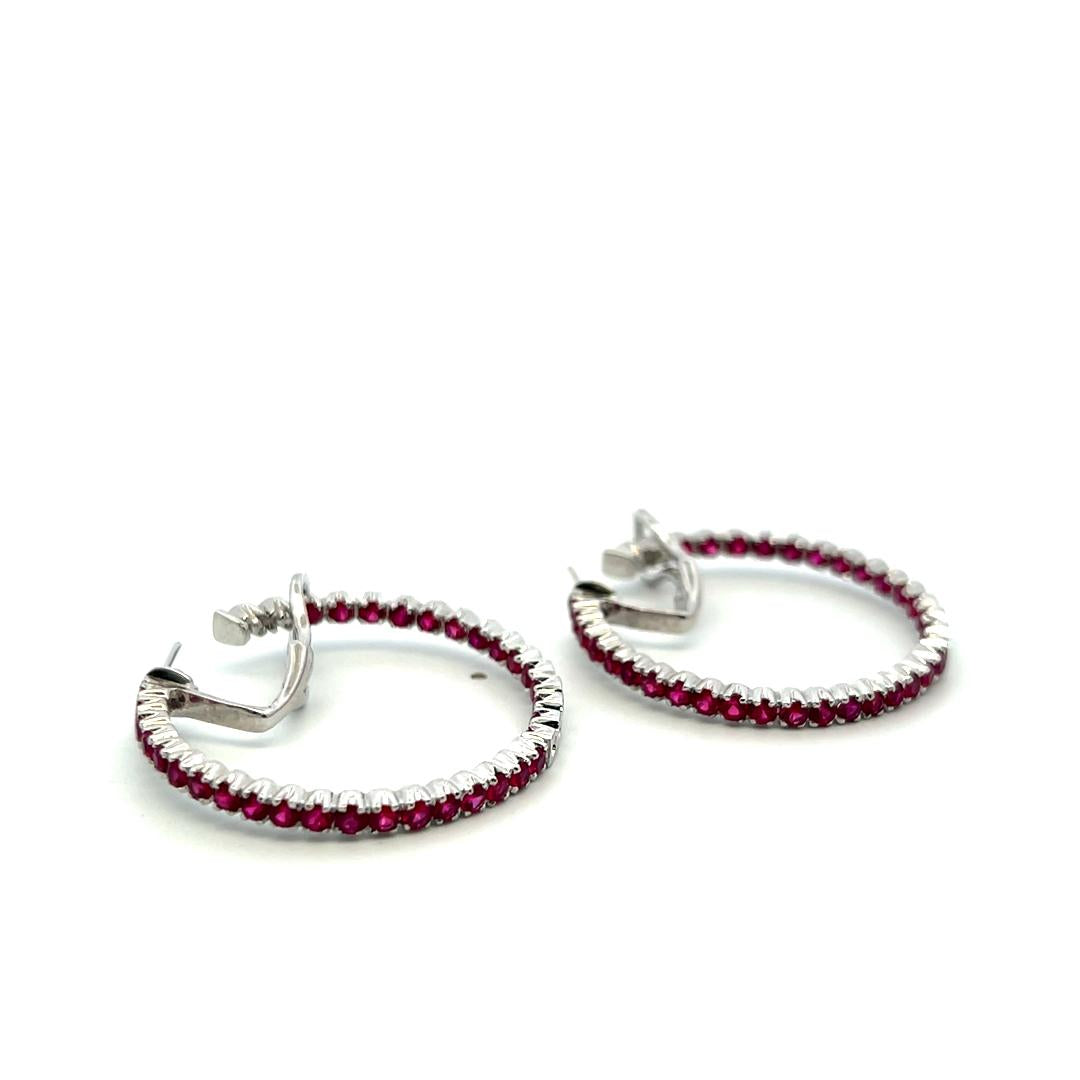 Vintage 18K WG Hoop Earrings with 2 Carat Round Shaped Rubies 14.8 Grams