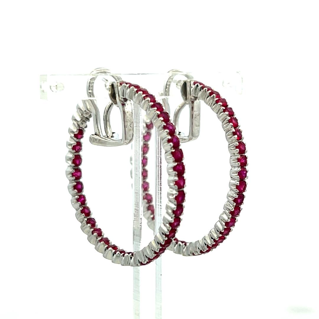 Vintage 18K WG Hoop Earrings with 2 Carat Round Shaped Rubies 14.8 Grams
